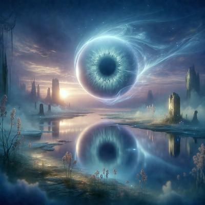 The primary subject of the image is a large, round, blue eye floating in a blue, misty sky. The eye is surrounded by a few small, blue flowers, adding a touch of color to the scene. The setting appears to be a futuristic, surreal landscape, with a body of water in the background. The visual style of the image is a combination of digital art and illustration, creating a unique and captivating scene. The overall atmosphere of the image is serene and dreamlike, with the floating eye and